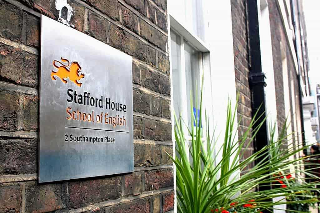 Stafford House School of English sign at 2 Southampton Place in London