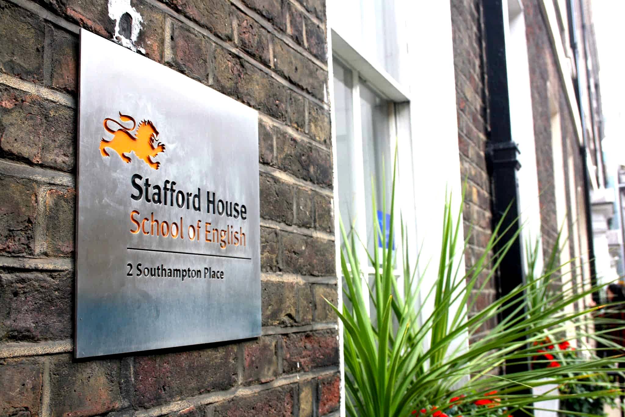 Stafford House School of English sign at 2 Southampton Place in London
