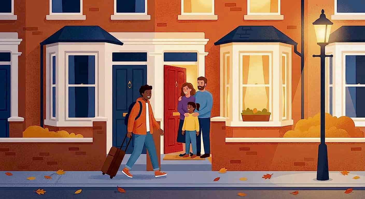 Student arriving at a British homestay with host family greeting at the door