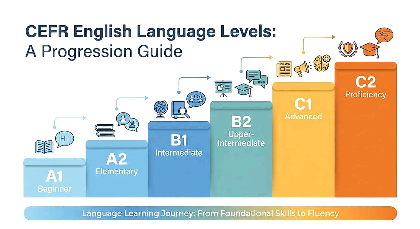 CEFR English language levels from A1 beginner to C2 proficiency - progression chart