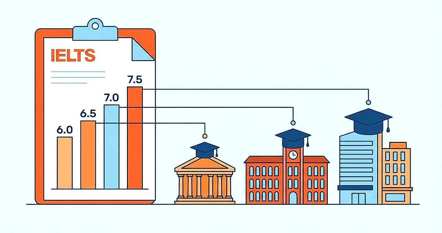 Illustration showing IELTS band scores from 6.0 to 7.5 connected to UK university buildings with graduation caps