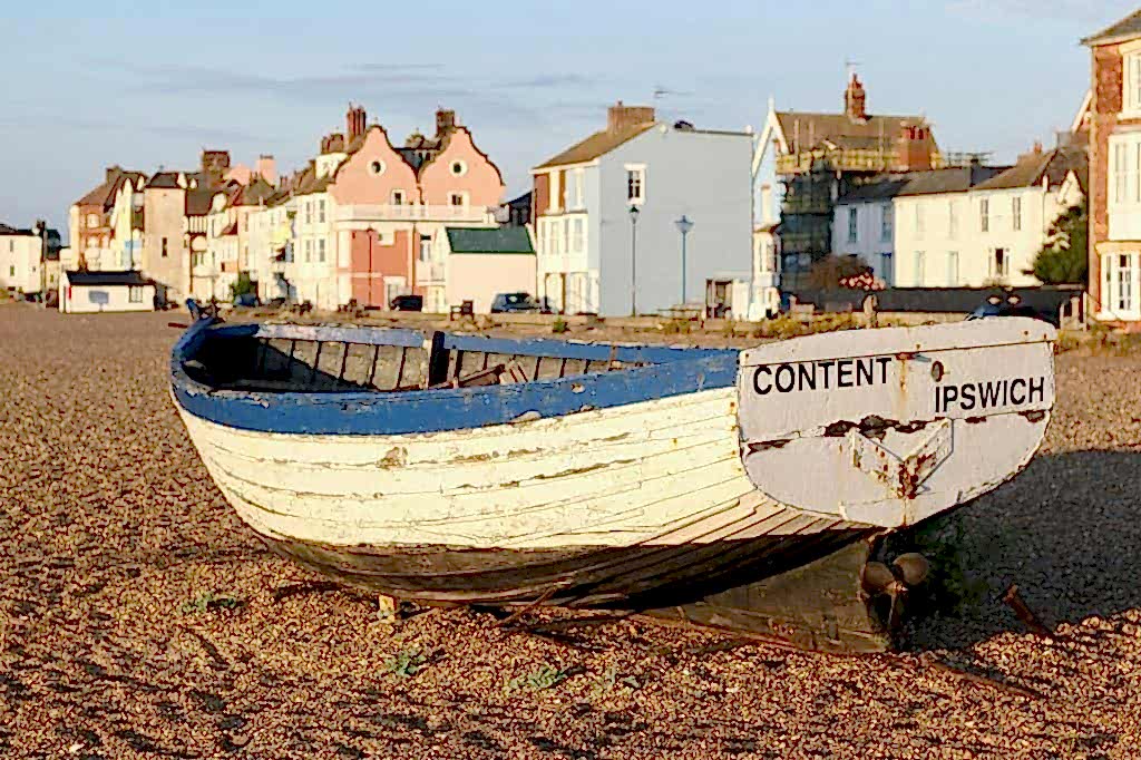 White and blue boat on sea shore, Aldeburgh