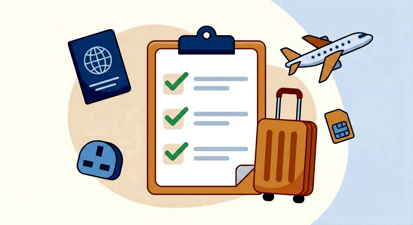 Illustration showing pre-arrival checklist items: passport, suitcase, UK plug adapter, SIM card, and plane