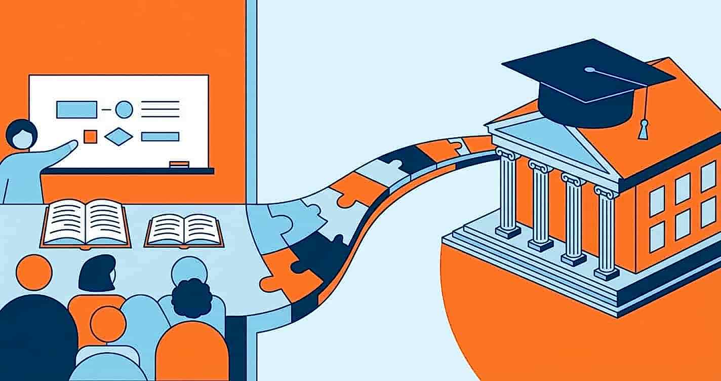 Illustration showing a pathway connecting a language classroom to a UK university building
