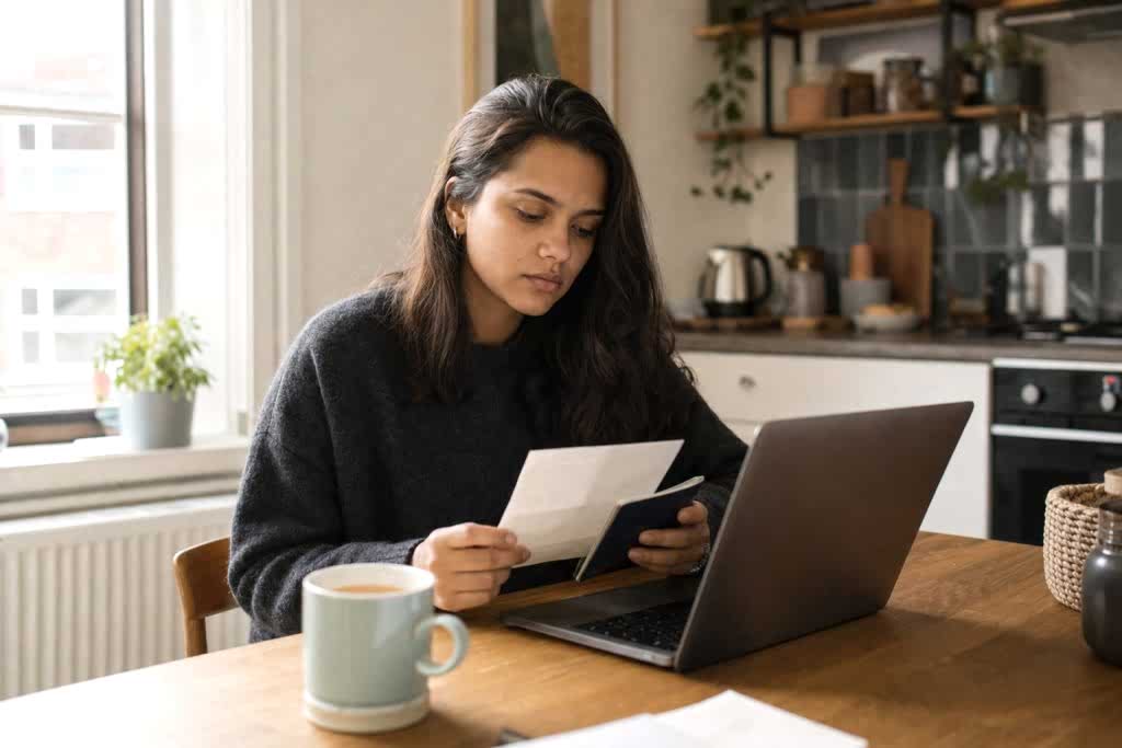 Student checking a letter and her passport at home before applying for a UK visa