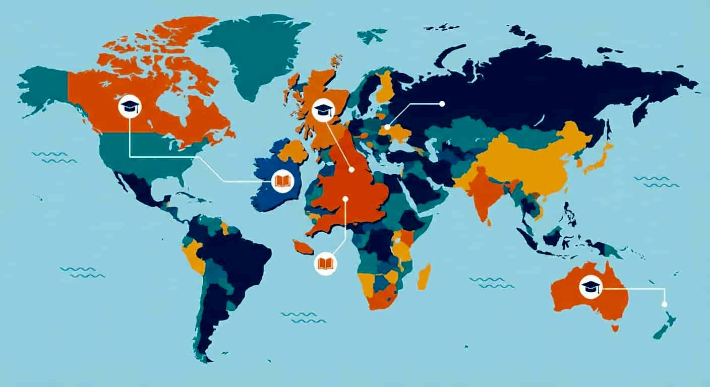 World map highlighting UK, Malta, Ireland, Australia, and Canada as English study destinations