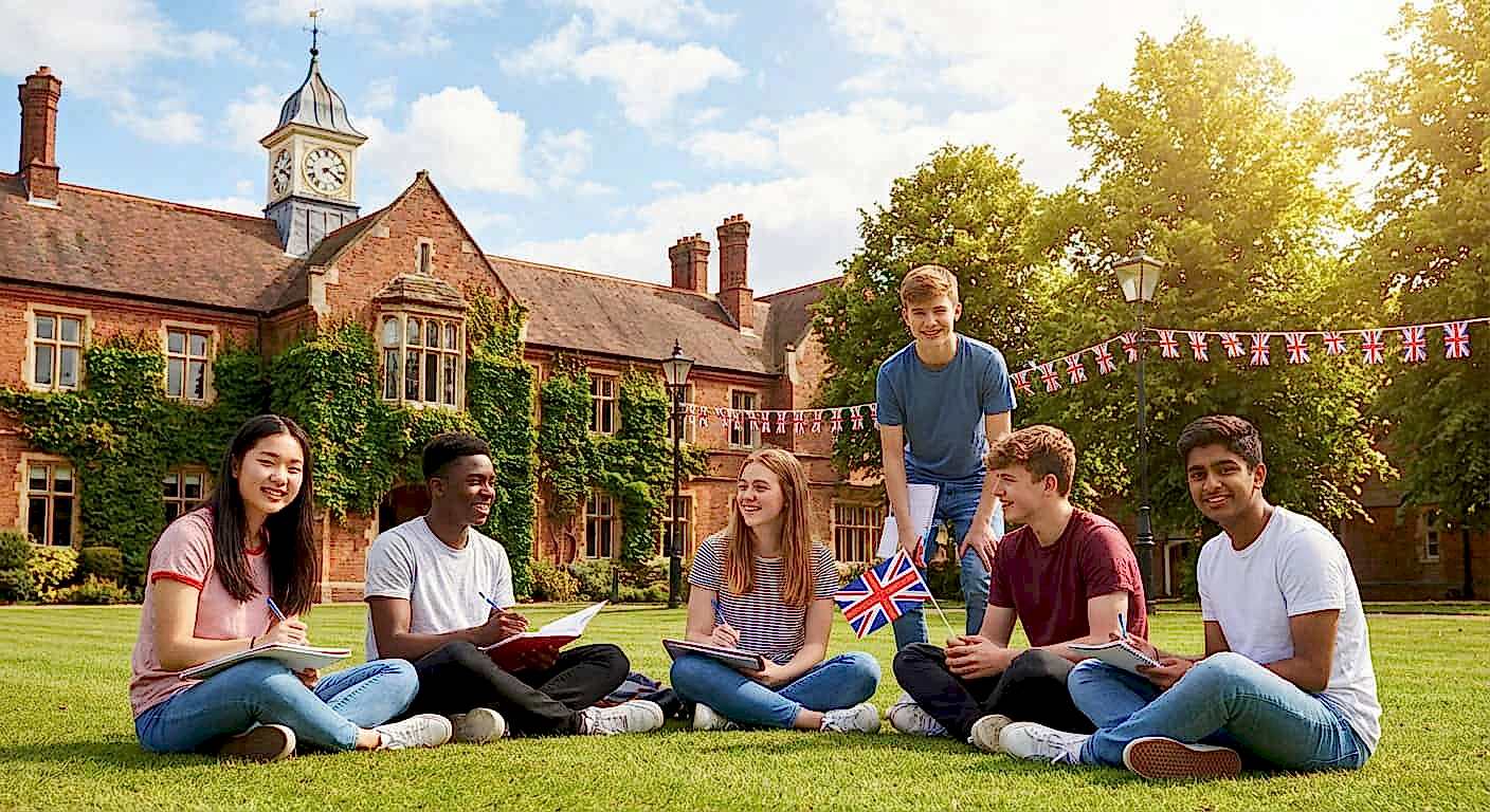 International students studying English outdoors at a British summer school