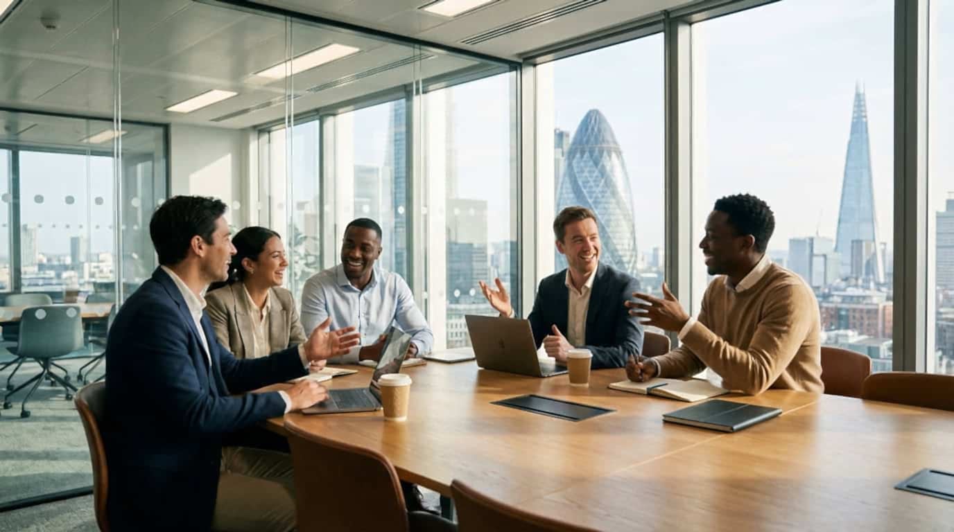 International professionals discussing in a London boardroom