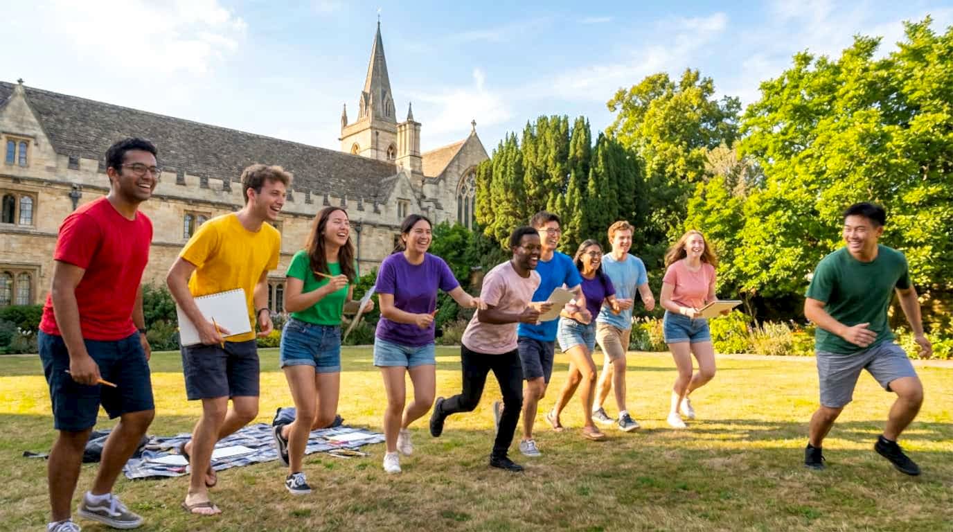 International students doing outdoor group activities near a historic British building