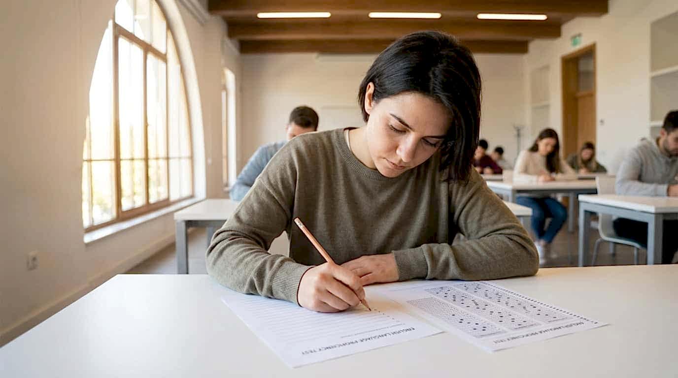 Student writing an English language exam in a modern UK test centre