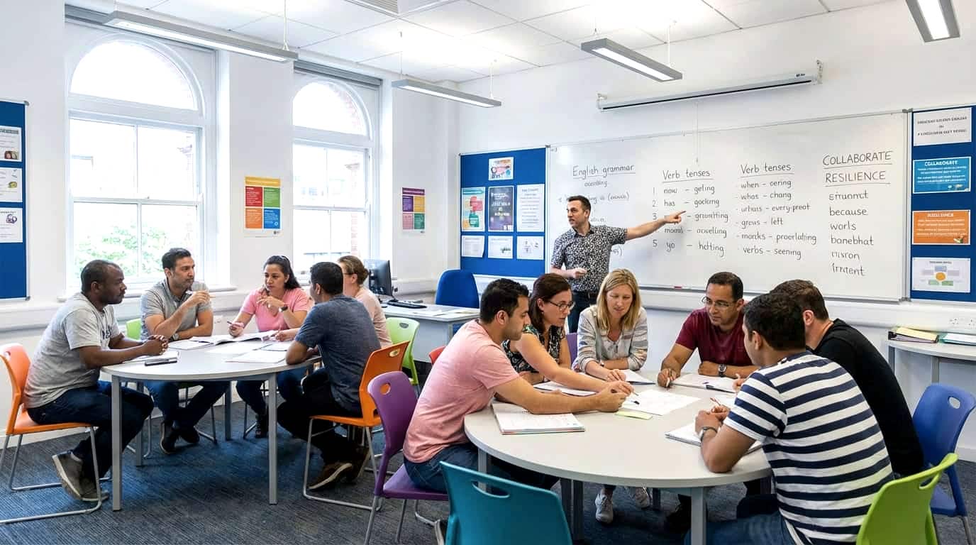 Diverse students engaged in group work in an English language classroom