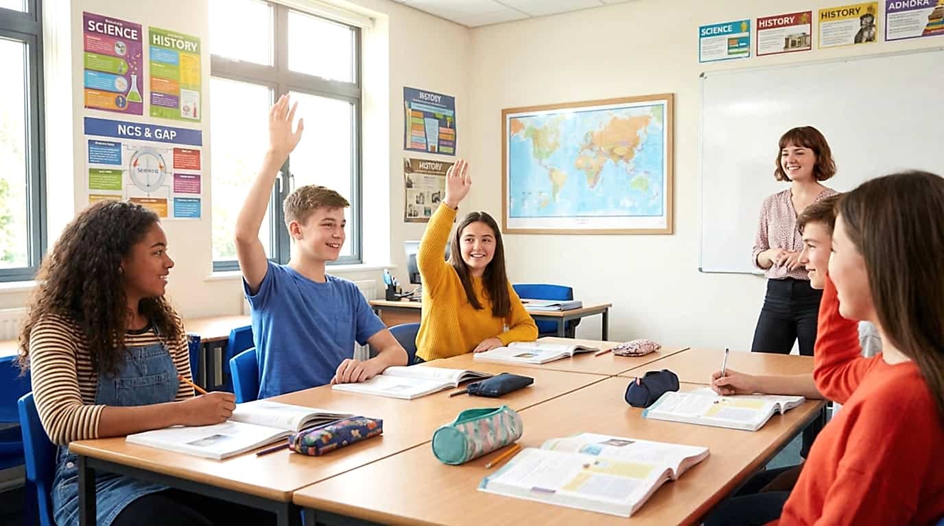 Teenagers in a bright UK classroom with hands raised