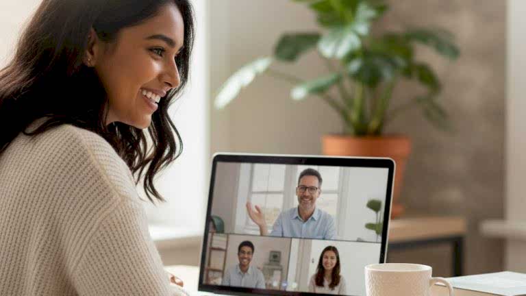 International student attending an online English class with their teacher and classmates via video call