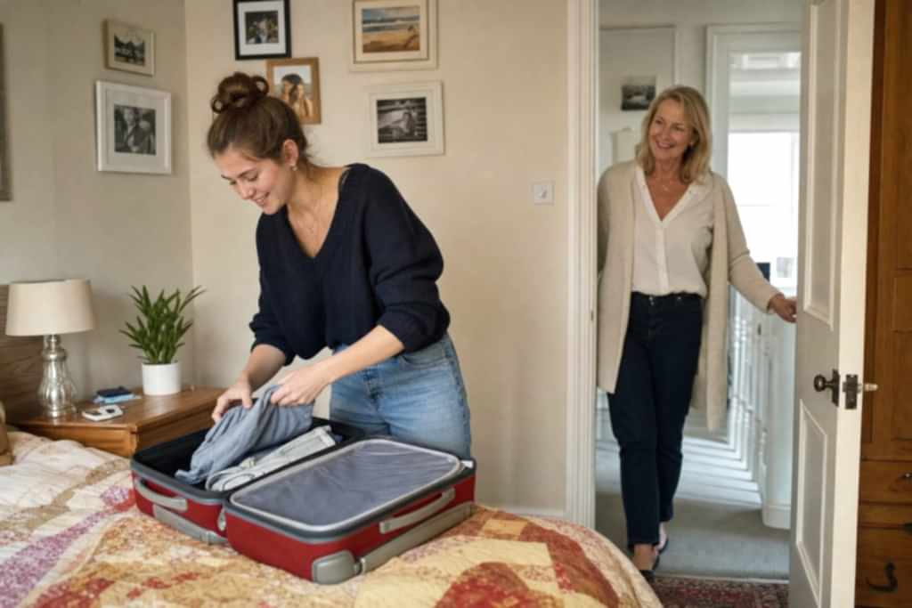 Student arriving at a homestay bedroom in the UK