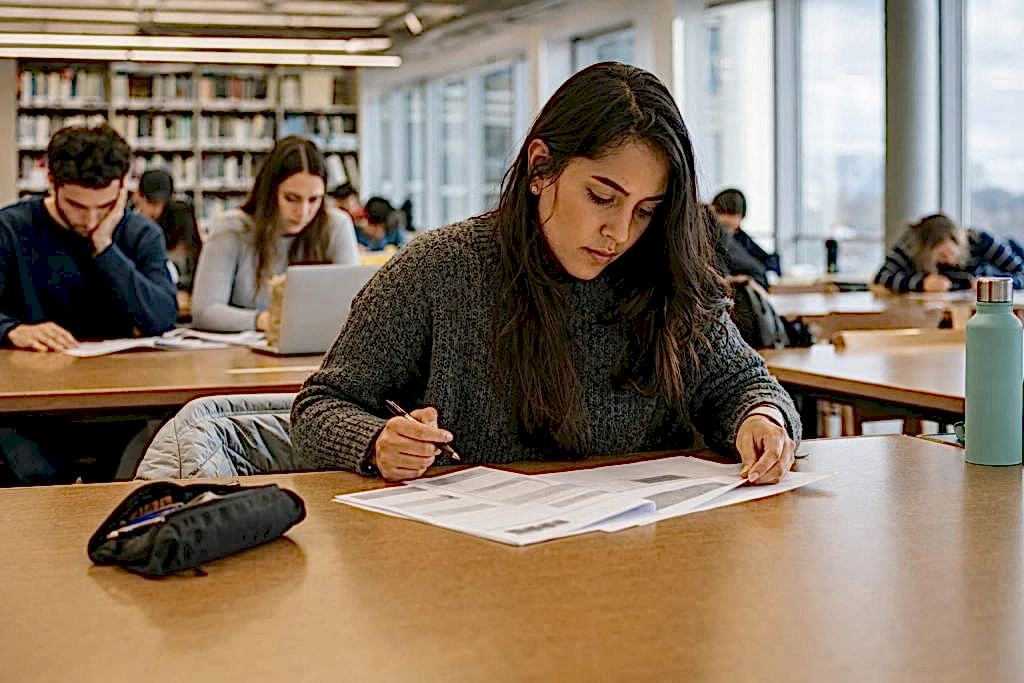 Student preparing for IELTS in a library