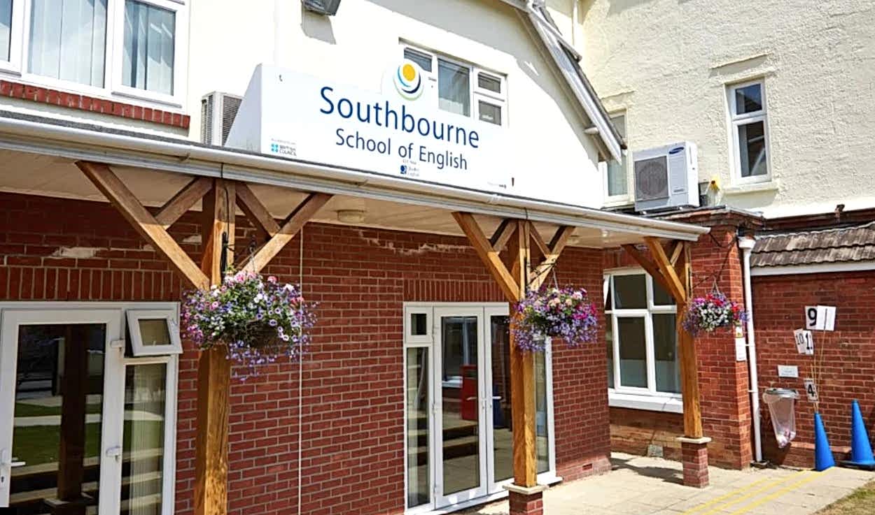 Front entrance of Southbourne School of English with hanging baskets