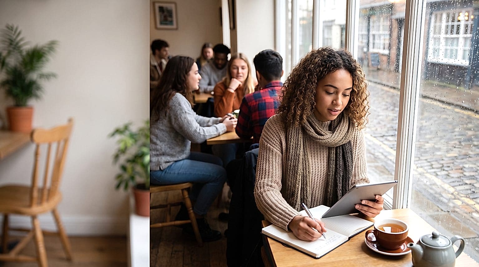 Student reading and taking notes in a UK café on a rainy day