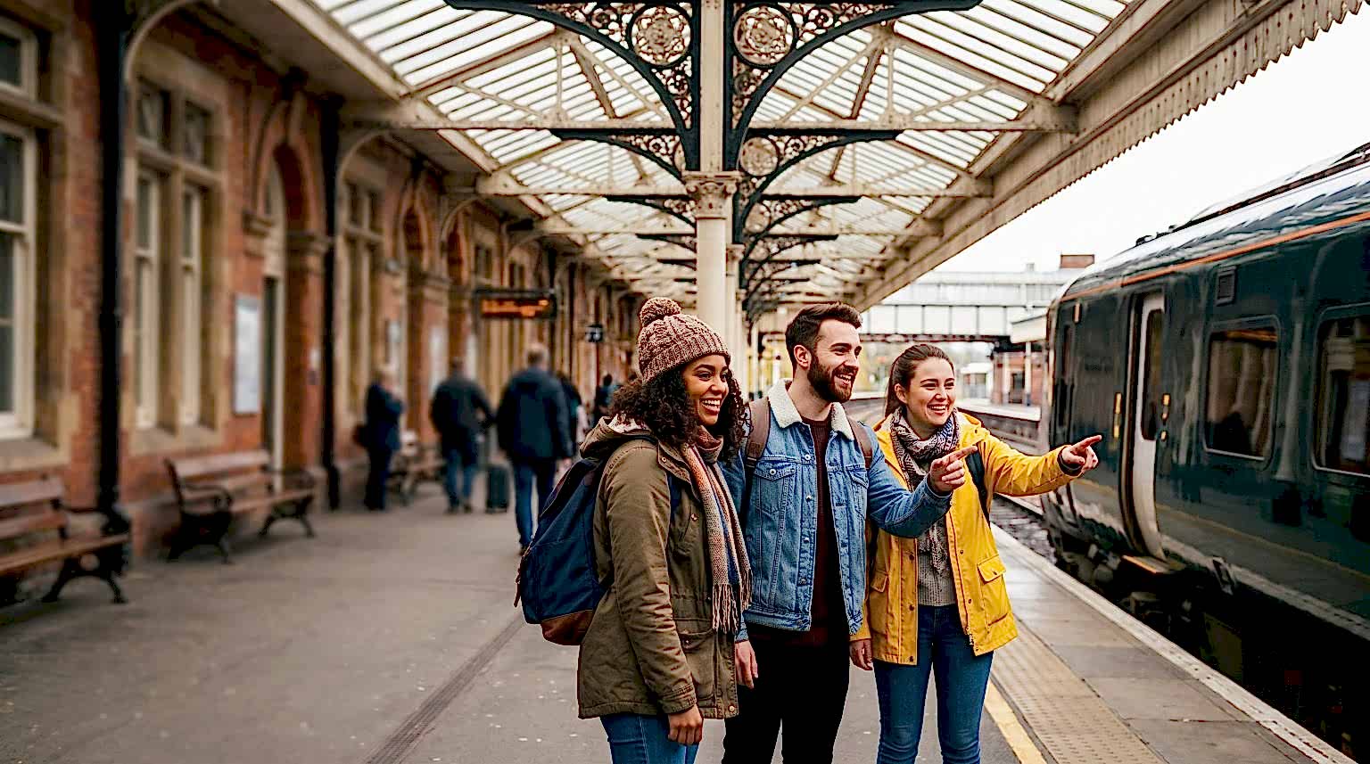 Students on a UK railway station platform as a train arrives