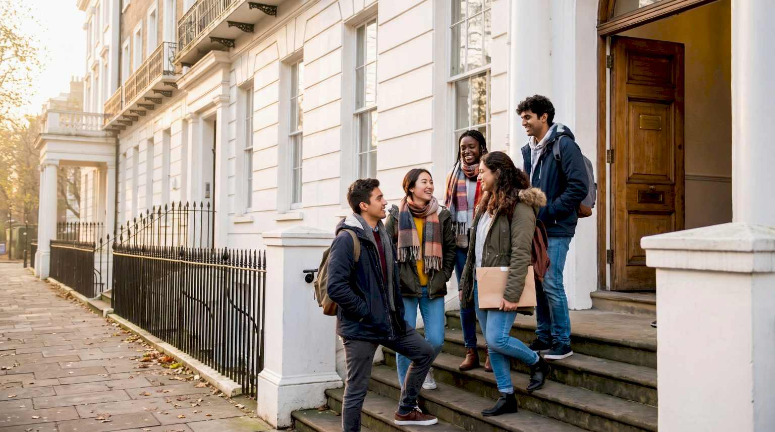 Students walking into an English language school in a Georgian building