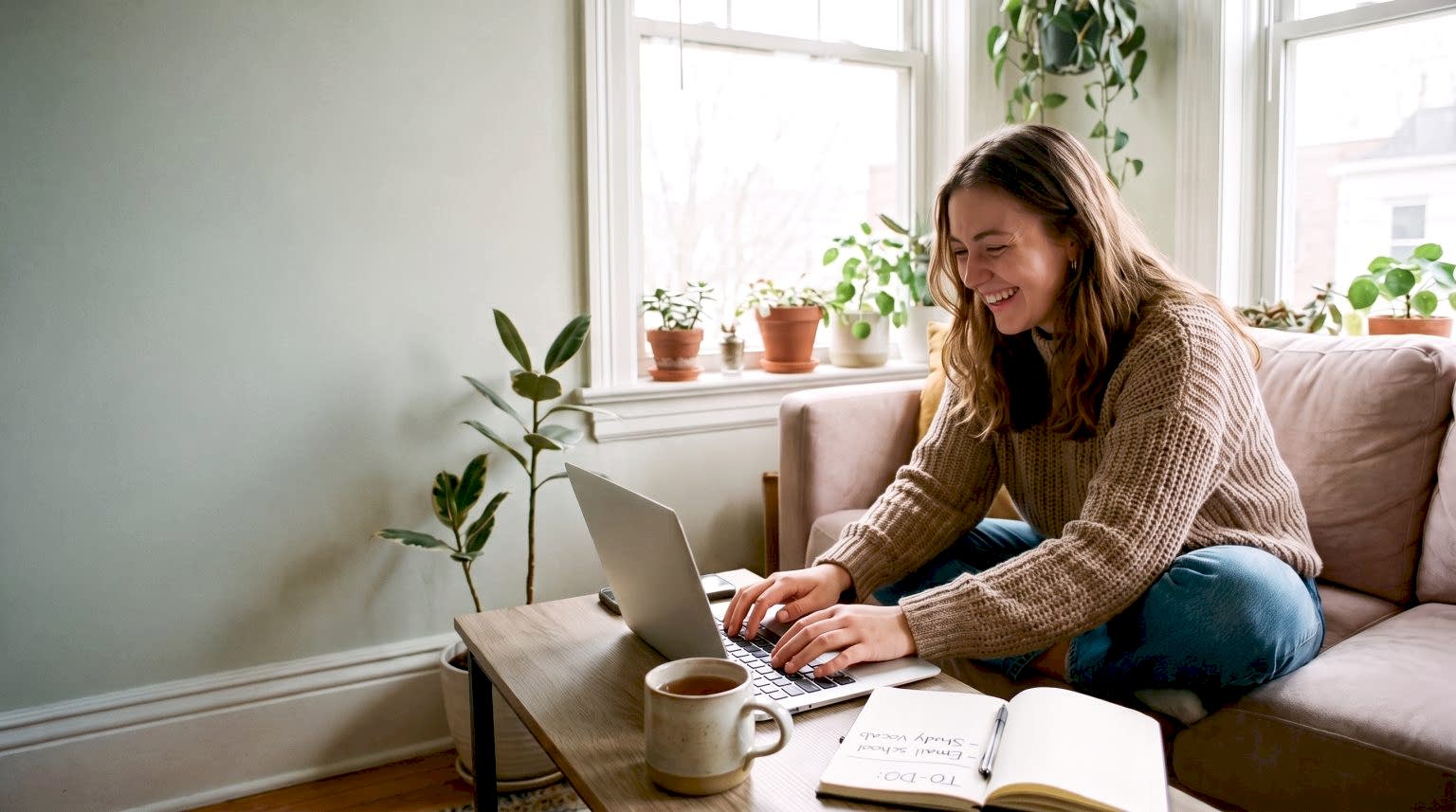 Student writing to an English language school about a course on her laptop