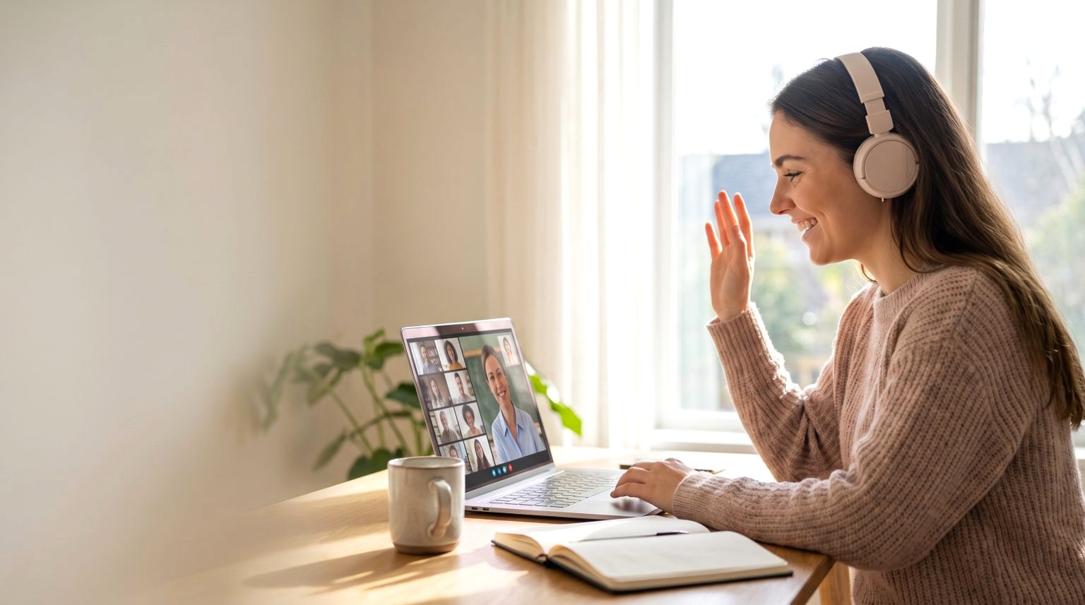 Student waving to her teacher and classmates in a live online English class