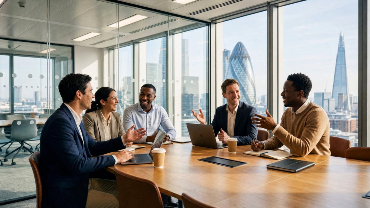 Business English students at a meeting table with a view of the City of London