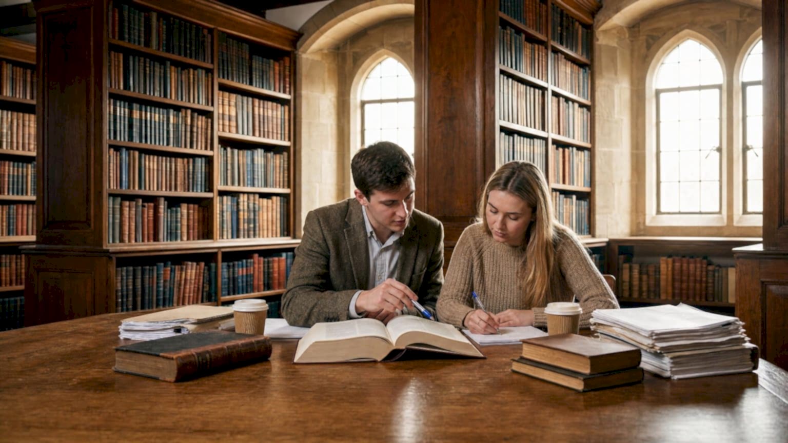 Two students studying in a traditional library