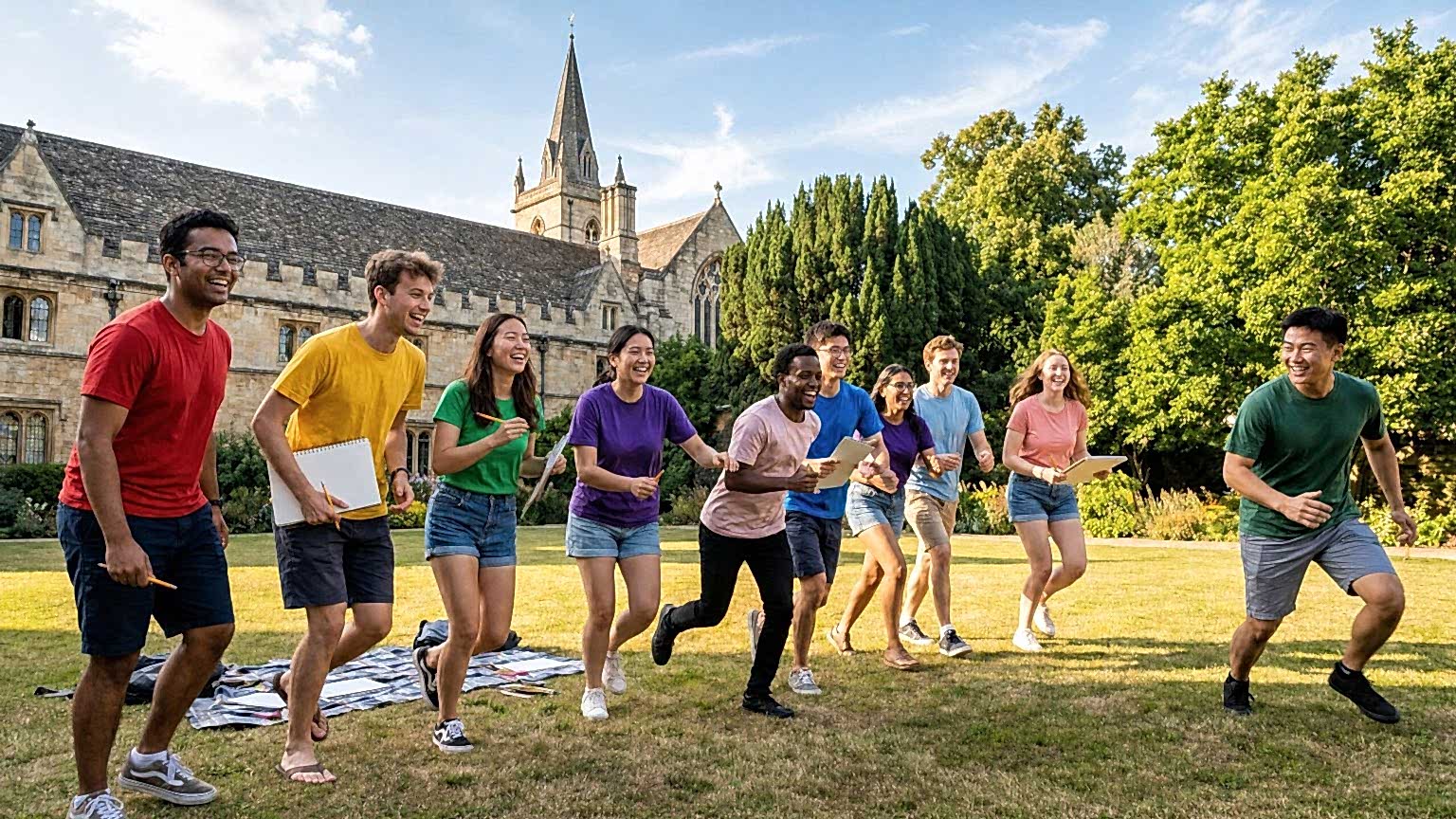 Students playing an outdoor game on a college lawn