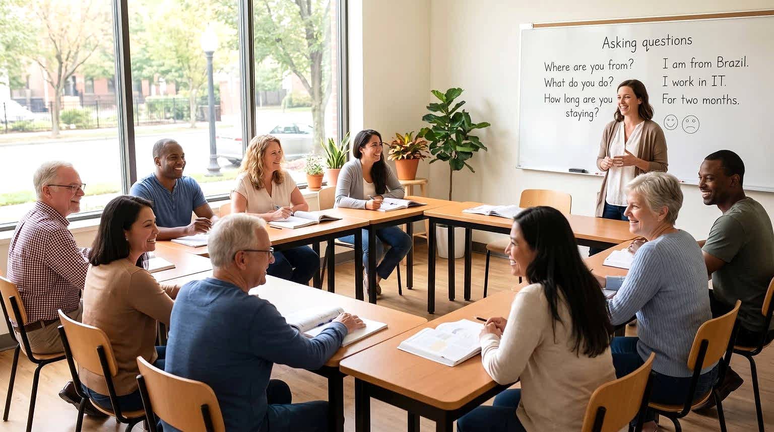 Diverse adult students in a bright English language classroom with teacher at whiteboard