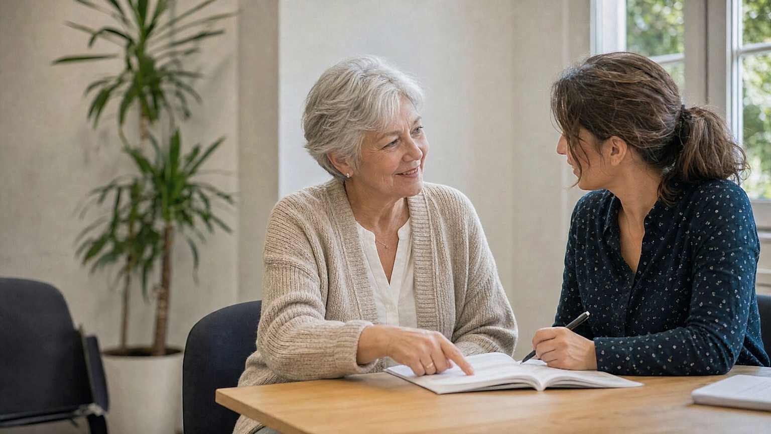 An English teacher and her student working through a textbook