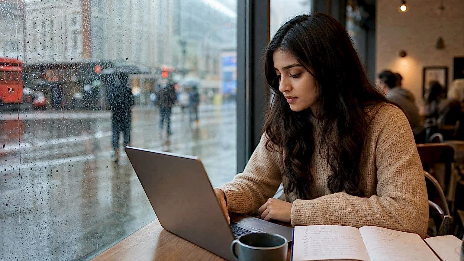 A student comparing English courses on a laptop in a London café