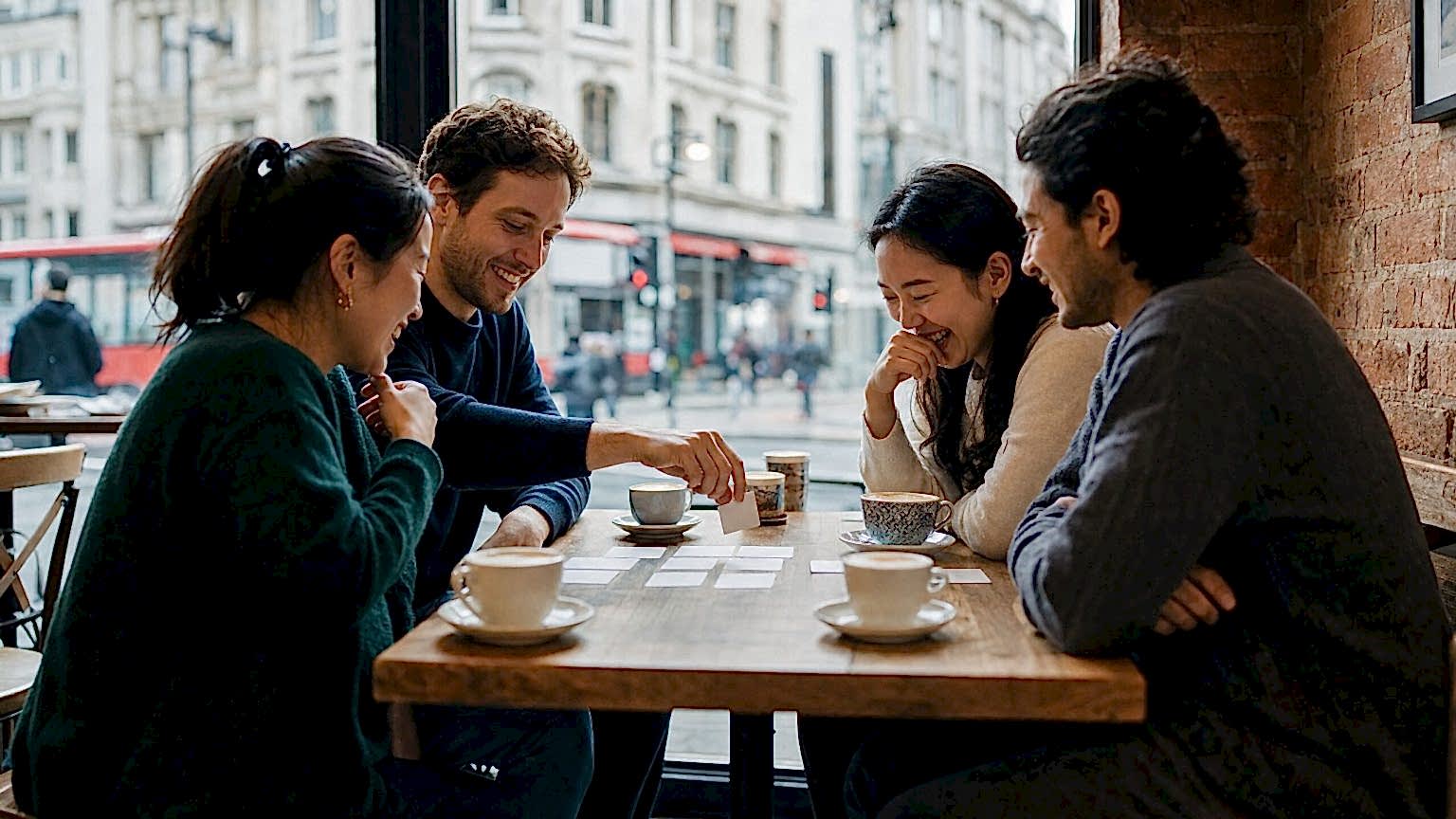 Students laughing over an English word game in a café