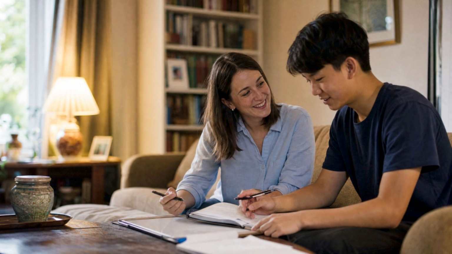 A tutor helping a teenage student with English at home