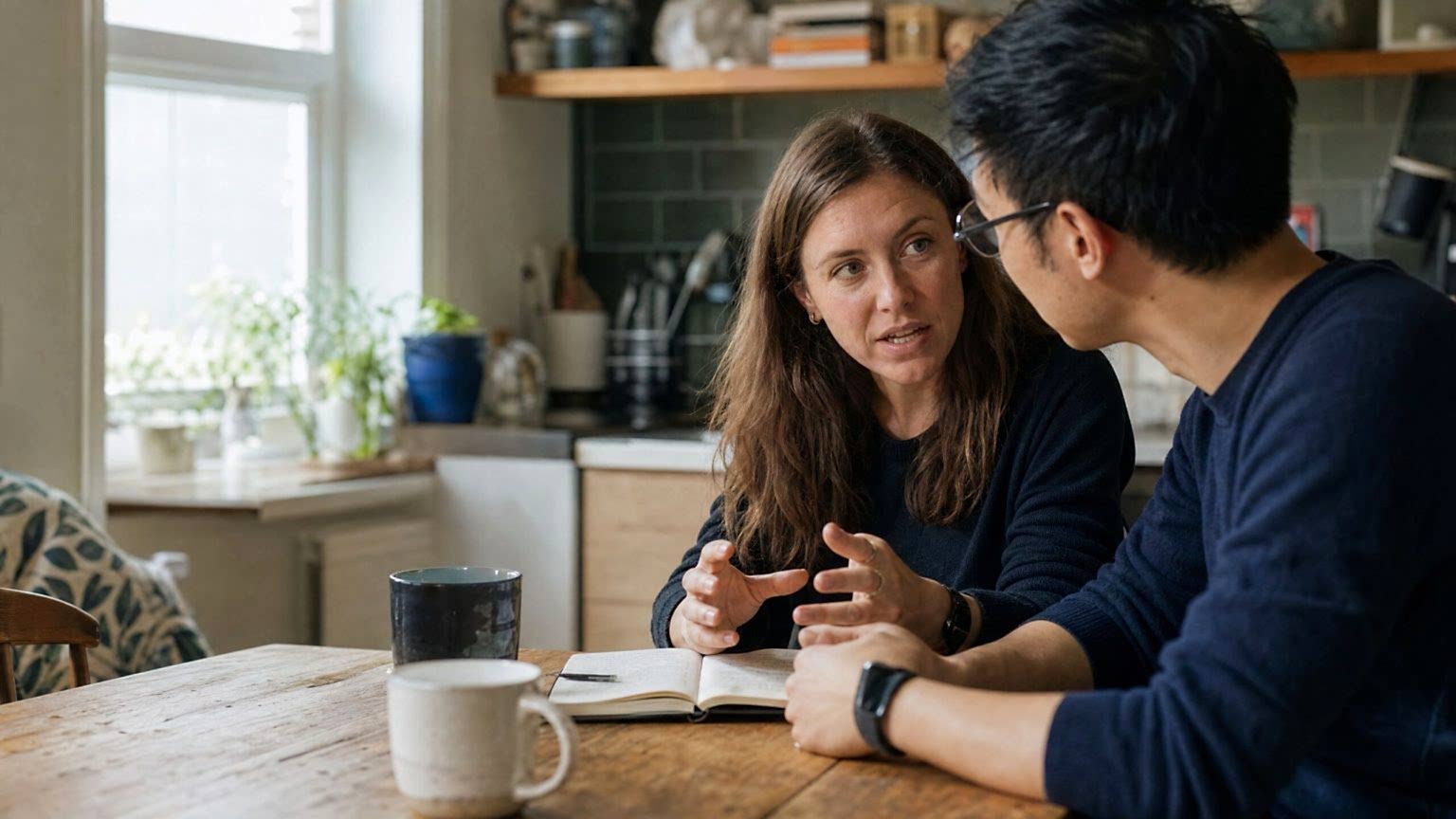 A tutor and an adult student having an English lesson at a kitchen table