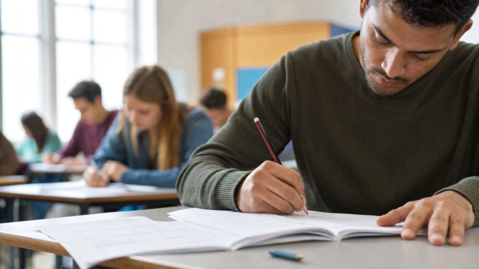A student writing answers in an English test