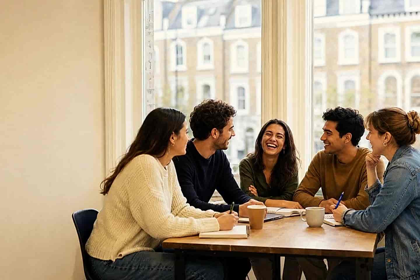 Adult students talking in an English class in London