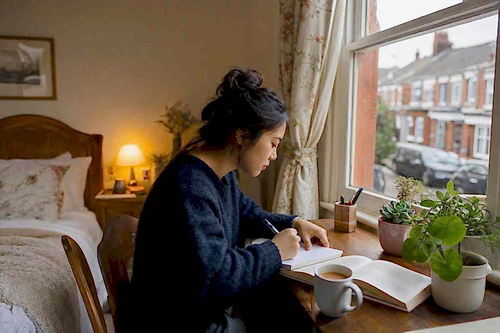 A student studying at the desk in her homestay room